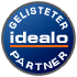 Das Logo von idealo zeigt die Partnerschaft der Moto Discount GmbH als gelisteten Händler für Motorradbekleidung.